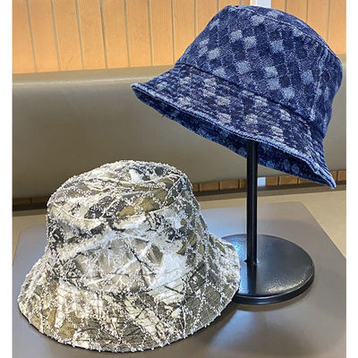 ホットセール 春と秋の新作 フラットトップ フリンジ デニム スキン チェック柄 刺繍 カスタム バケットハット 刺繍ロゴ フィッシャーマンズハット