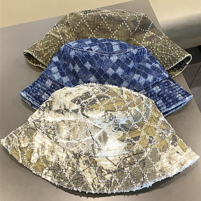 ホットセール 春と秋の新作 フラットトップ フリンジ デニム スキン チェック柄 刺繍 カスタム バケットハット 刺繍ロゴ フィッシャーマンズハット