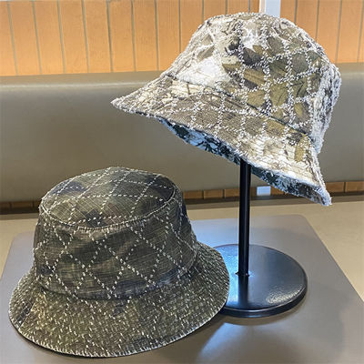 ホットセール 春と秋の新作 フラットトップ フリンジ デニム スキン チェック柄 刺繍 カスタム バケットハット 刺繍ロゴ フィッシャーマンズハット