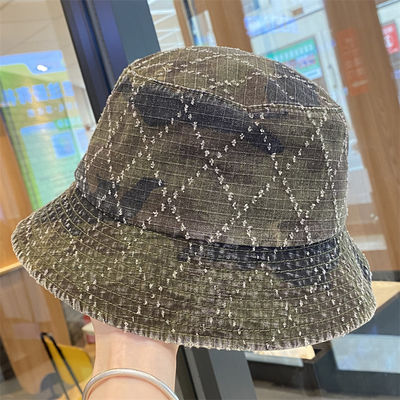ホットセール 春と秋の新作 フラットトップ フリンジ デニム スキン チェック柄 刺繍 カスタム バケットハット 刺繍ロゴ フィッシャーマンズハット
