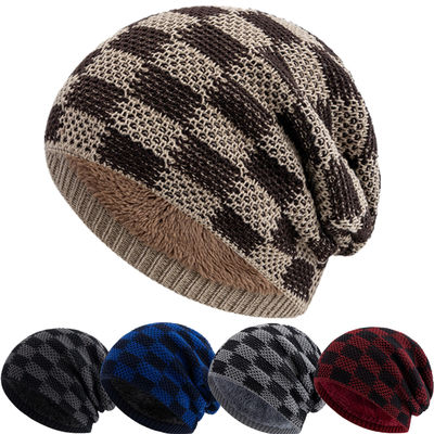 New Plaid Chunky Cable Knit Hat Cuffless Warm Ski Skull Cap Checkered Winter Knitted Beanies Hats