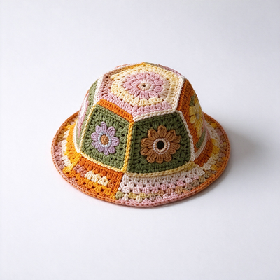 Wide Brim Patchwork Floral Crochet Bucket Hat Lightweight Breathable Sun Protection for Vintage Daily Streetwear