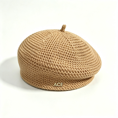 Classic Knitted Beret Hat Solid Color ACE Metal Logo Beret Stylish Durable Beret for Daily Casual Wear Support Customization