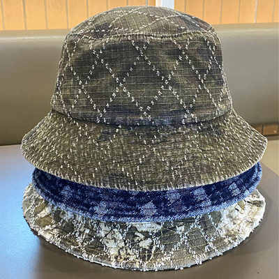 ホットセール 春と秋の新作 フラットトップ フリンジ デニム スキン チェック柄 刺繍 カスタム バケットハット 刺繍ロゴ フィッシャーマンズハット